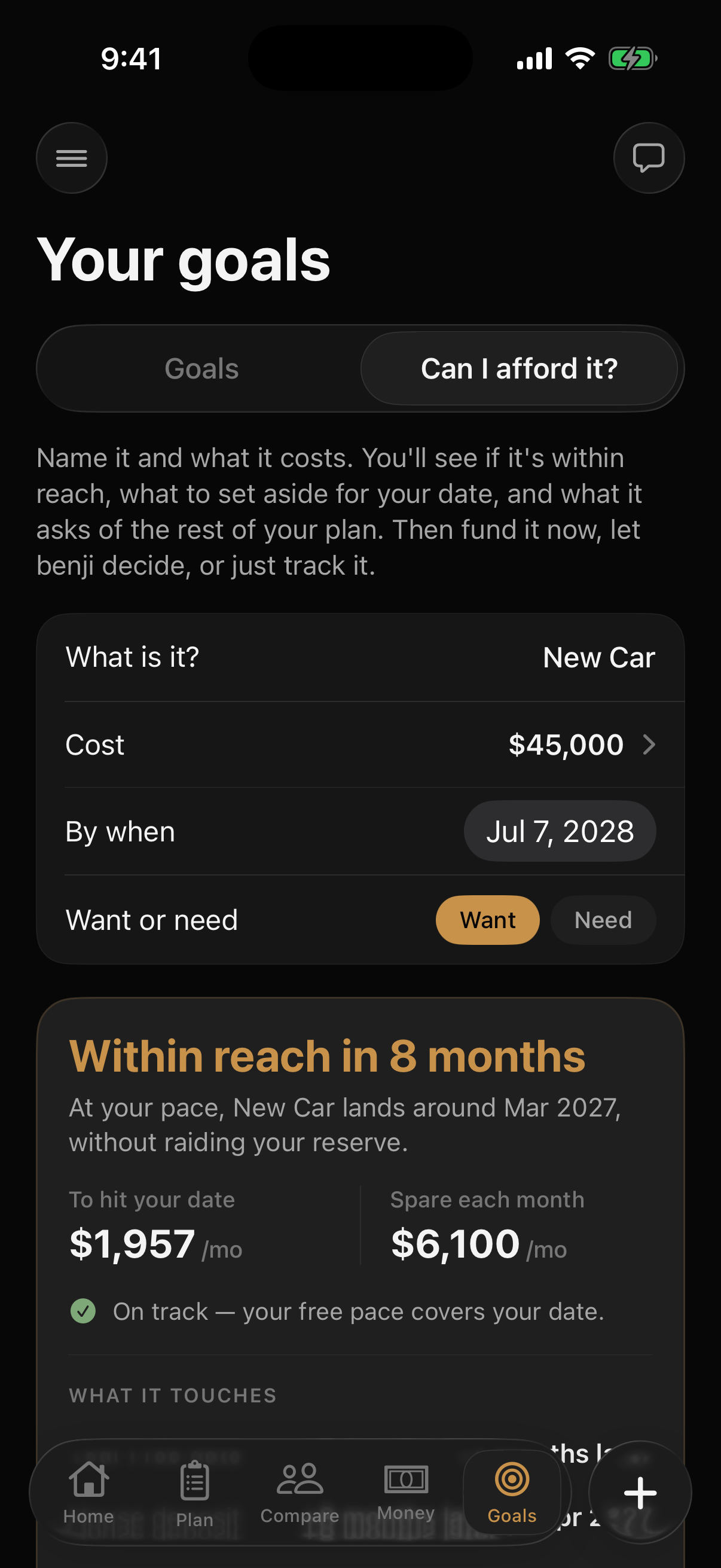 benji's Can I afford it screen: a new car within reach in 8 months, with the monthly set-aside