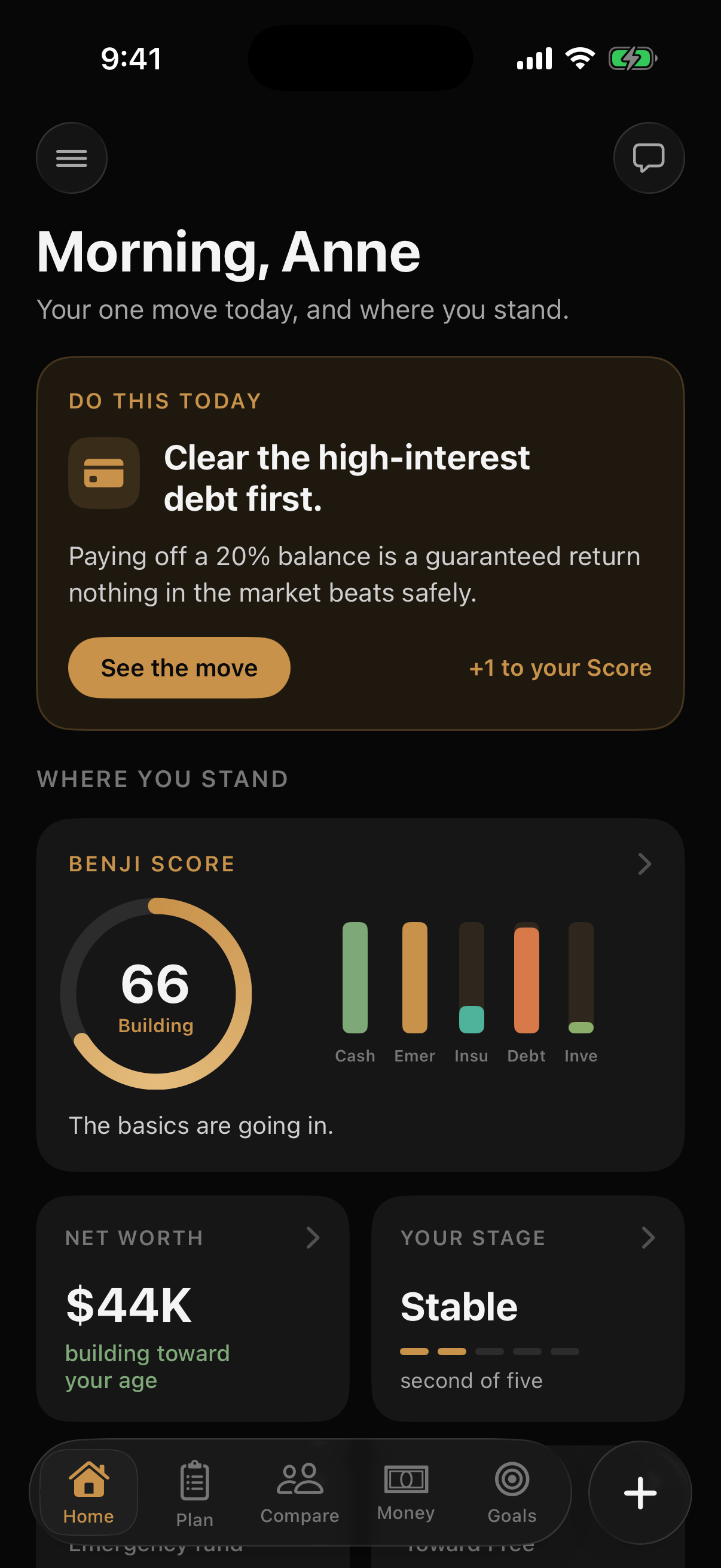 The benji home screen: a financial score, net worth, your stage, and one clear next move