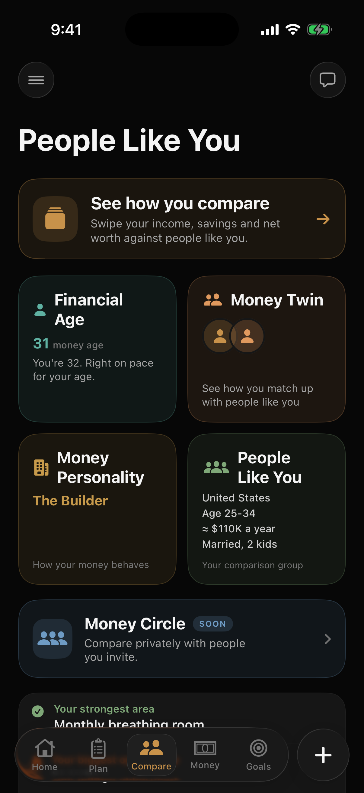 benji's People Like You screen: your financial age, money personality, and comparison group